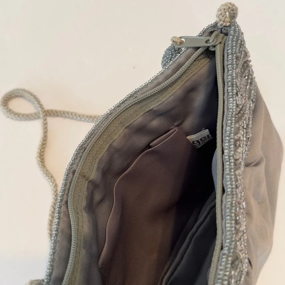 Genie Gray Satin Beaded Evening Bag Shoulder Clutch‎ Braided Strap Korea Vintage